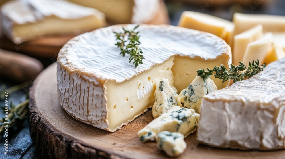 A selection of gourmet cheeses served on a wooden platter with fresh herbs and a variety of textures and flavors A selection of gourmet cheeses served on a wooden platter with fresh herbs and a variety of textures and flavors