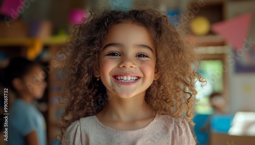 Happy curly-haired little girl smiling brightly in a colorful classroom setting, radiating joy and innocence as she stands surrounded by playful decorations and cheerful atmosphere.