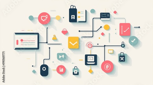 Colorful digital icons representing technology, security, and data management interconnected in a modern design layout