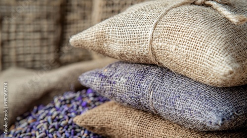 Burlap sachets filled with lavender resting on a rustic surface with dried lavender scattered around in the warm afternoon light photo