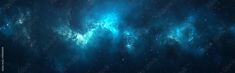 Fototapeta premium Stunning view of a vibrant nebula featuring shades of blue and green in a star-filled galaxy during a serene cosmic night