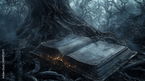 A haunting tree twisted into demonic shapes, roots tangled, a cursed book with grey highlights hovers nearby, glowing with dark energy