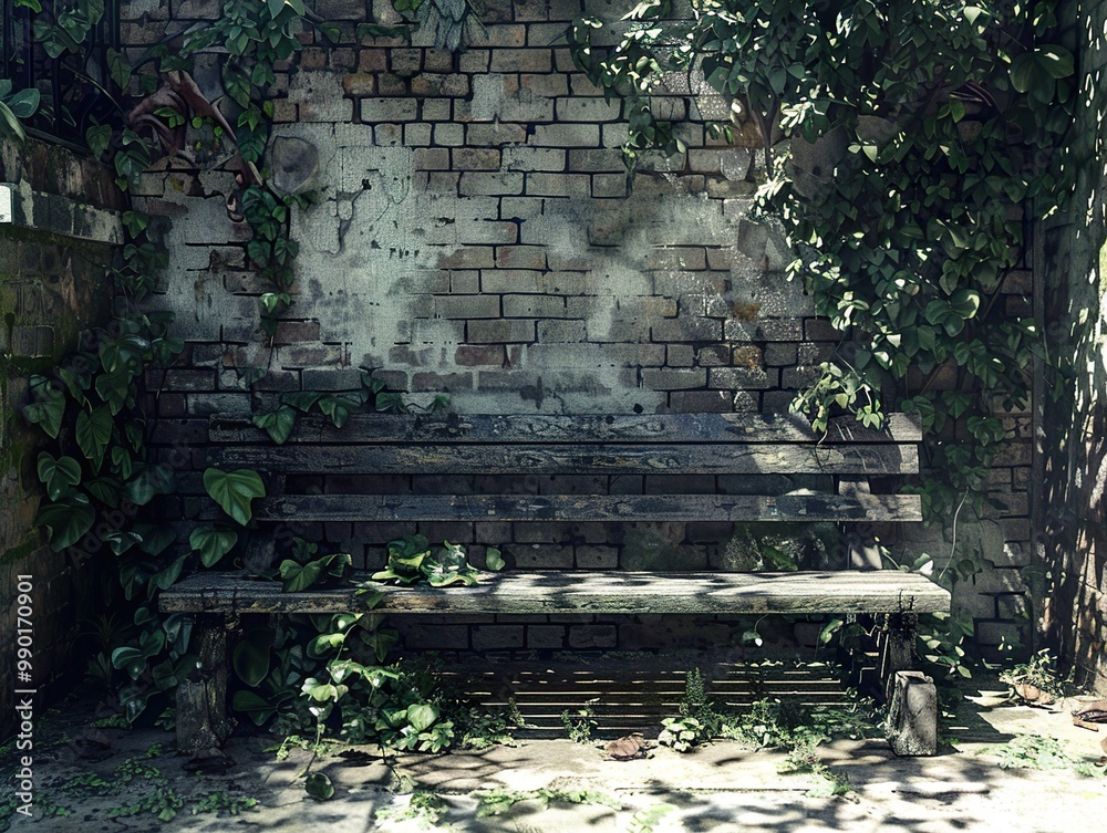 Obraz premium Overgrown Bench Against Brick Wall