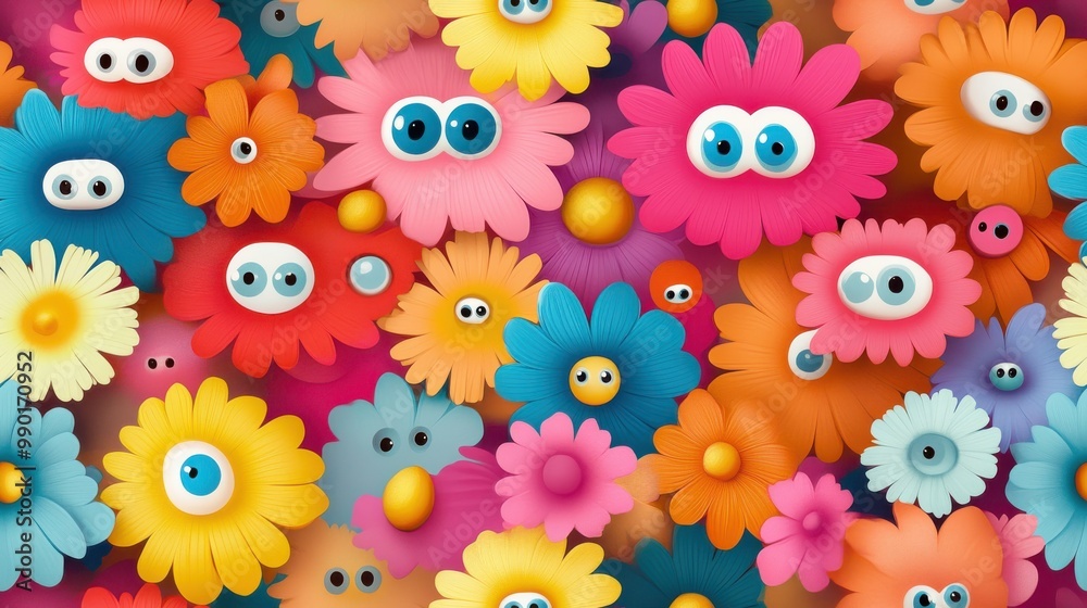 Colorful collection of whimsical flowers with googly eyes creates a playful and vibrant display suitable for any fun setting