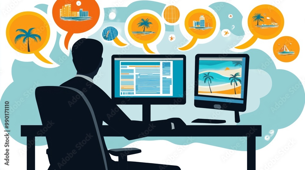 Illustration of man at his desk, surrounded by thought bubbles filled with tropical vacation. Symbolizes work-life balance, remote work aspirations, and dream of getaway. Illustration of man at his desk, surrounded by thought bubbles filled with tropical vacation. Symbolizes work-life balance, remote work aspirations, and dream of getaway.