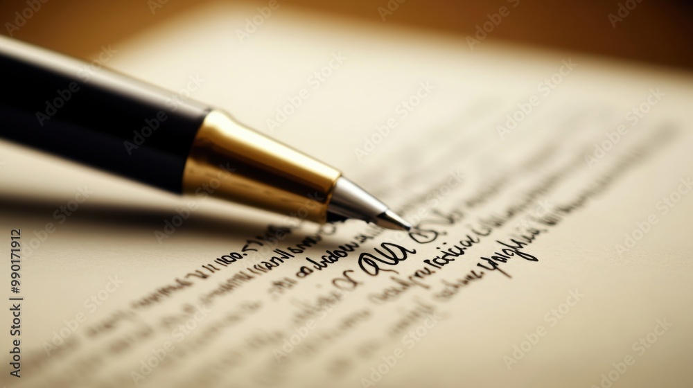 Writing a heartfelt letter with a fountain pen on textured paper in a cozy indoor setting during golden hour Writing a heartfelt letter with a fountain pen on textured paper in a cozy indoor setting during golden hour
