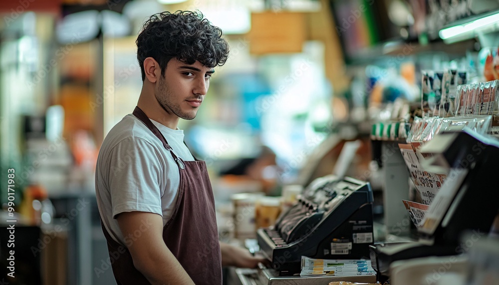 Young cashier focusing on work at a busy store, showcasing determination and customer service in a vibrant retail environment. Young cashier focusing on work at a busy store, showcasing determination and customer service in a vibrant retail environment.