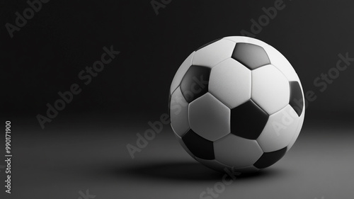 A classic black and white soccer ball resting on a smooth surface in low light environment