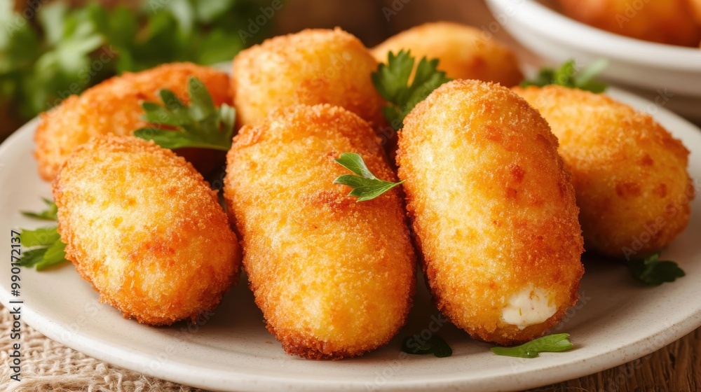 Deliciously crispy golden croquettes served on a plate with fresh parsley, perfect for a tasty snack or appetizer at any gathering Deliciously crispy golden croquettes served on a plate with fresh parsley, perfect for a tasty snack or appetizer at any gathering