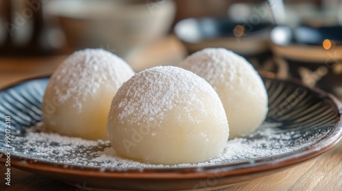 Delicate mochi dessert served on a dark plate with powdered sugar in a cozy Japanese restaurant setting