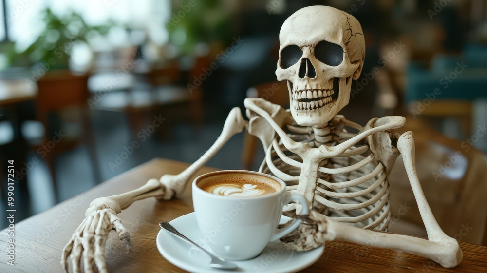 A whimsical scene of a skeleton enjoying a cup of coffee in a cozy cafe, blending humor and everyday life. A whimsical scene of a skeleton enjoying a cup of coffee in a cozy cafe, blending humor and everyday life.