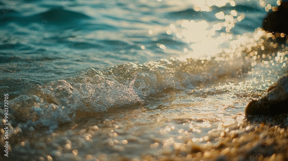 Gentle ocean waves lap at the sandy shore during sunset, creating a serene atmosphere on a tranquil beach Gentle ocean waves lap at the sandy shore during sunset, creating a serene atmosphere on a tranquil beach