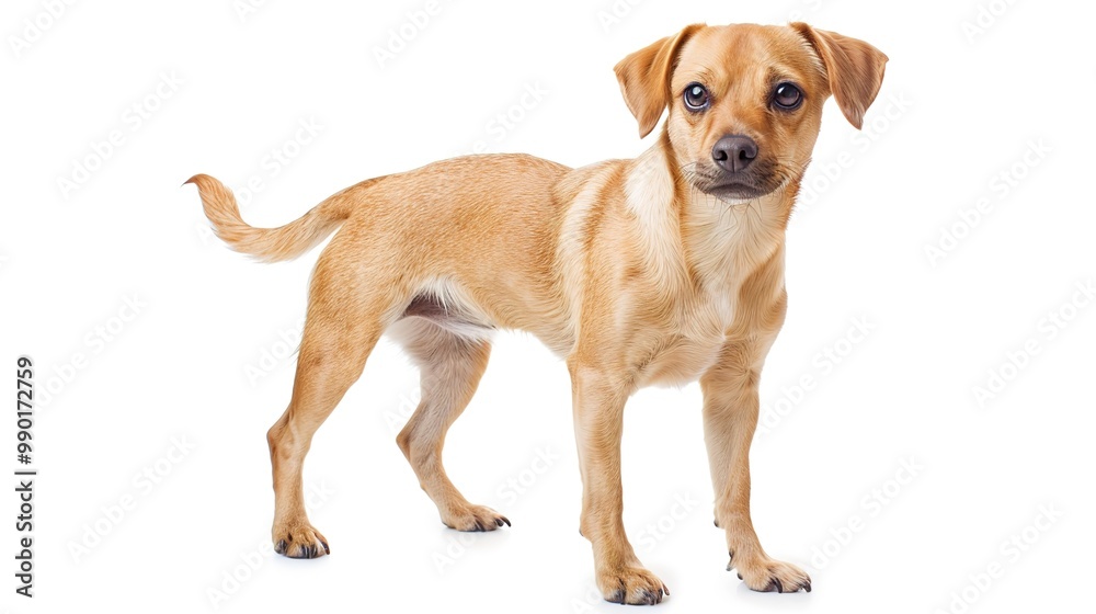 A charming dog standing on a pristine white background. The dog has an endearing expression and a confident stance. Its fur might be soft and shiny. The white background makes the dog stand out promin A charming dog standing on a pristine white background. The dog has an endearing expression and a confident stance. Its fur might be soft and shiny. The white background makes the dog stand out promin