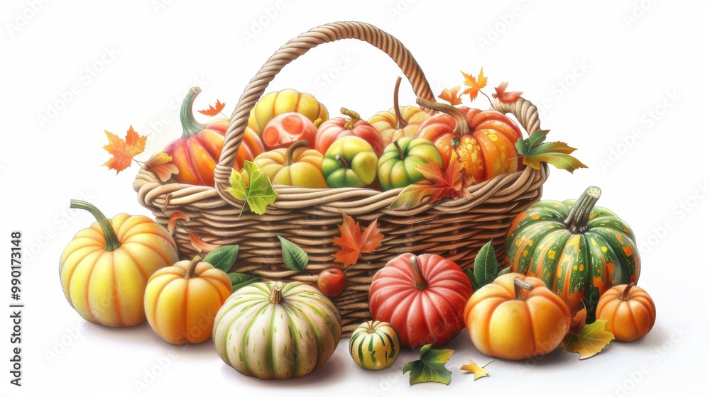 A basket full of pumpkins and leaves A basket full of pumpkins and leaves