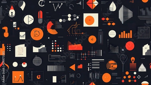 Colorful abstract data visualization with geometric shapes and patterns on a dark background showcasing analysis trends