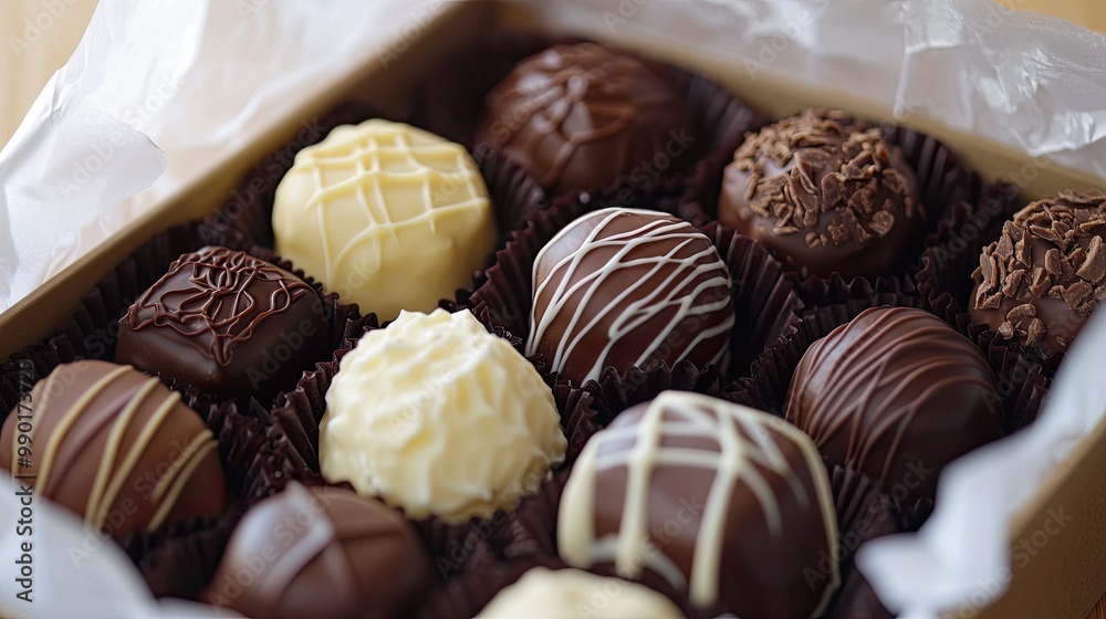 Close-up of a gift box filled with fine chocolates, nestled in tissue paper. Dark, milk, and white chocolate varieties with intricate designs. Close-up of a gift box filled with fine chocolates, nestled in tissue paper. Dark, milk, and white chocolate varieties with intricate designs.