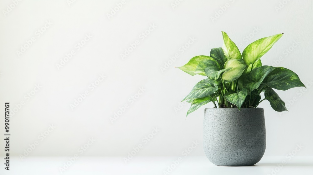 Close-up of a healthy green houseplant in a stylish gray pot placed on a white surface, isolated on a bright white background with soft lighting. Ideal for indoor gardening themes. Close-up of a healthy green houseplant in a stylish gray pot placed on a white surface, isolated on a bright white background with soft lighting. Ideal for indoor gardening themes.