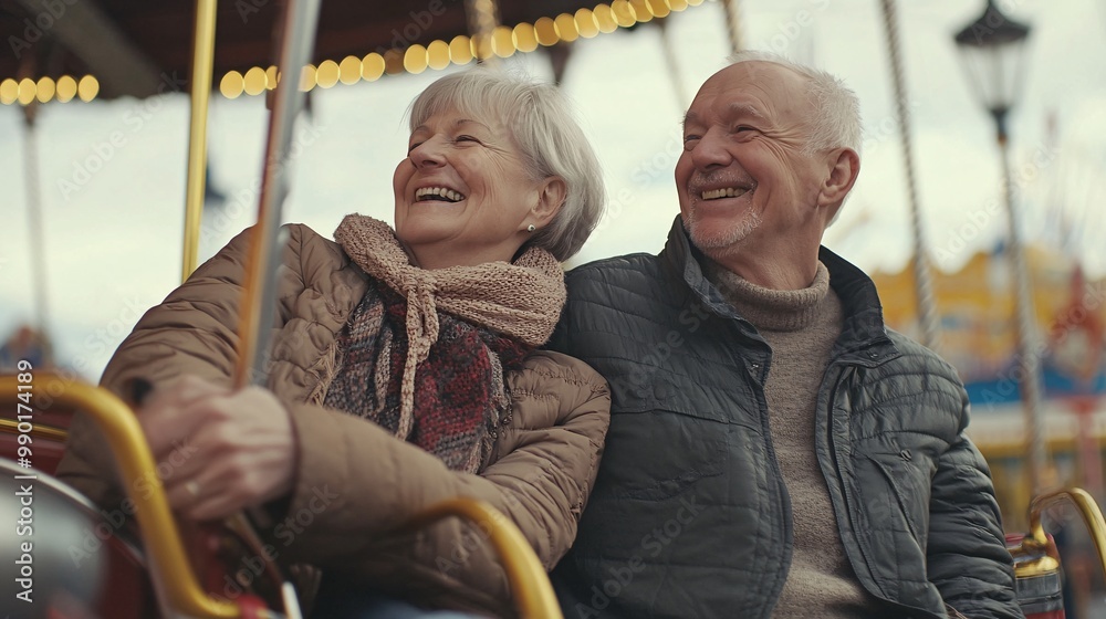 Obraz premium A joyful elderly couple enjoying a ride together, filled with laughter and warmth, showcasing the beauty of companionship.
