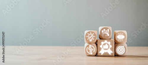 Wooden blocks with icons symbolizing best practices, strategy, innovation, and success on a neutral background.