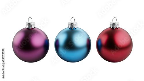 Three colorful Christmas ornaments isolated on a white background.