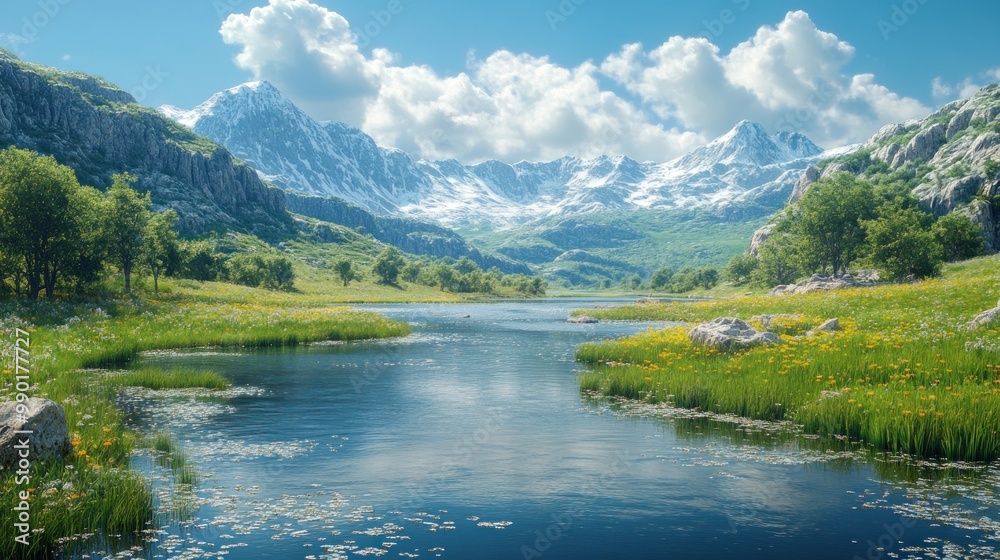Serene landscape with mountains, river, and vibrant wildflowers. Serene landscape with mountains, river, and vibrant wildflowers.