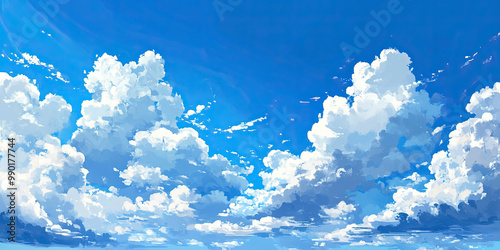 Anime beautiful blue sky, white clouds skies background illustration, Summer backdrop, generated ai	
