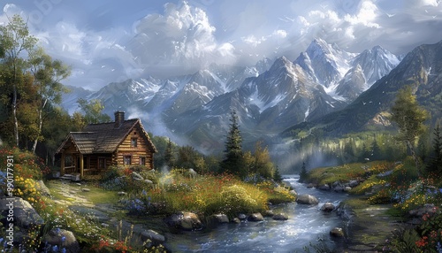 Rustic log cabin by mountain stream in lush forest