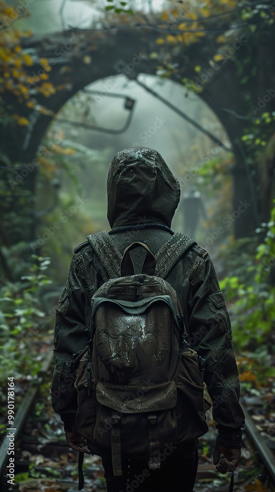 Mysterious Foggy Forest Path with a Backpacker Mysterious Foggy Forest Path with a Backpacker