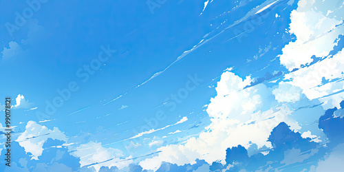 Anime beautiful blue sky, white clouds skies background illustration, Summer backdrop, generated ai	
