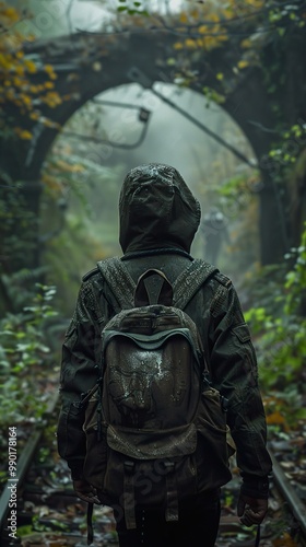 Mysterious Foggy Forest Path with a Backpacker