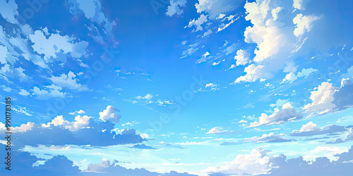 Anime beautiful blue sky, white clouds skies background illustration, Summer backdrop, generated ai	
