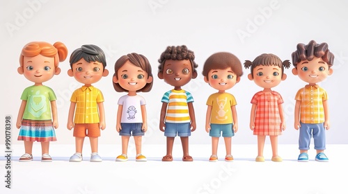 A Group of Seven Smiling Cartoon Children Standing in a Row