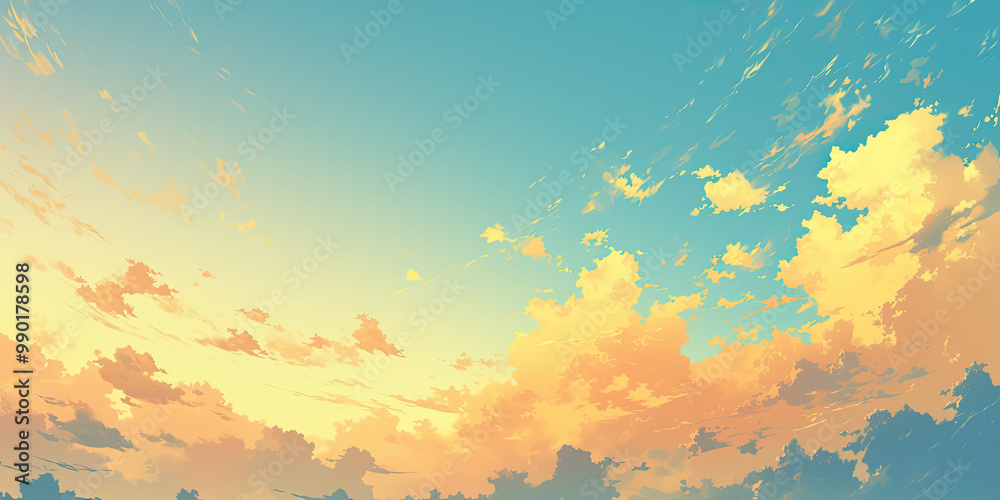 Sunset anime sky background, cartoon style blue skies white clouds, cloudscape, skyscape illustration wallpaper, generated ai Sunset anime sky background, cartoon style blue skies white clouds, cloudscape, skyscape illustration wallpaper, generated ai