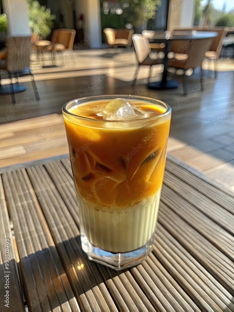 Iced coffee with layers of cream in a sunlit cafe. Iced coffee with layers of cream in a sunlit cafe.