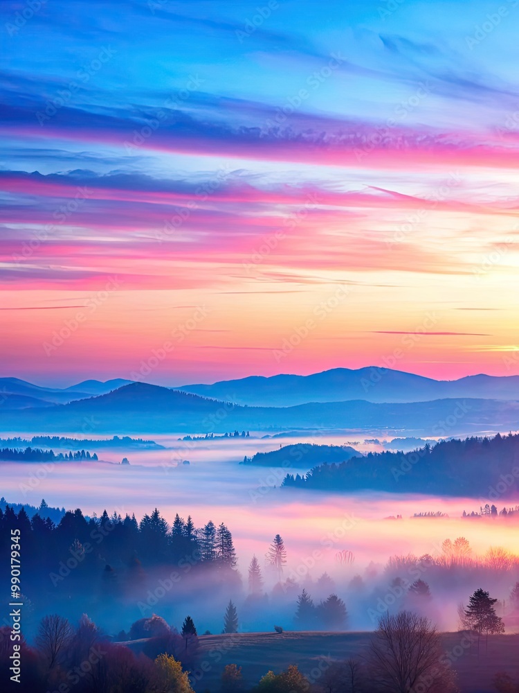 Obraz premium Misty mountain landscape under a colorful sunrise.