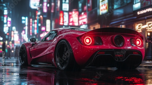 Red Sports Car in Raining Neon City