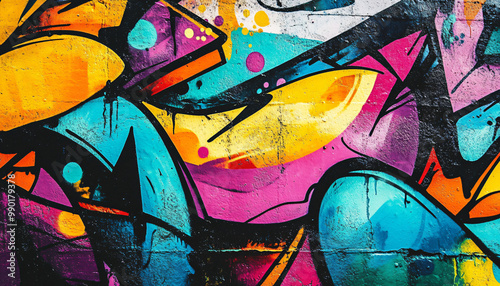 A graffiti-covered urban wall, showcasing vibrant colors, bold lines, and an edgy, artistic vibe