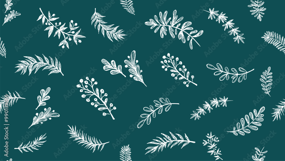 Branches pattern on green, hand drawn, vector.