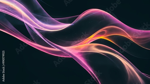 An abstract painting of flowing waves in vibrant colors, such as luminous pink, purple, and orange. 