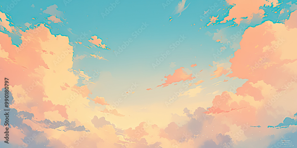 Sunset anime sky background, cartoon style blue skies white clouds, cloudscape, skyscape illustration wallpaper, generated ai Sunset anime sky background, cartoon style blue skies white clouds, cloudscape, skyscape illustration wallpaper, generated ai