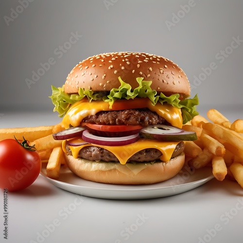 Delicious single Burger with French fries, cheese tomato fried Served, yummy burger with grilled meat topped with vegetables sliced cheese fresh