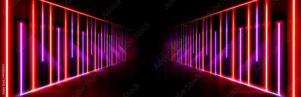 Neon light tunnel on black background. Vector realistic illustration of red an blue led corridor perspective, futuristic laser security border, modern information technology system, virtual reality Neon light tunnel on black background. Vector realistic illustration of red an blue led corridor perspective, futuristic laser security border, modern information technology system, virtual reality