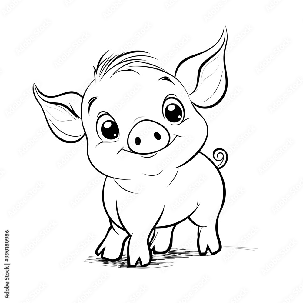 Cute Pig With coloring book pages picture,Pig line art,Pig outline drawing vector illustration