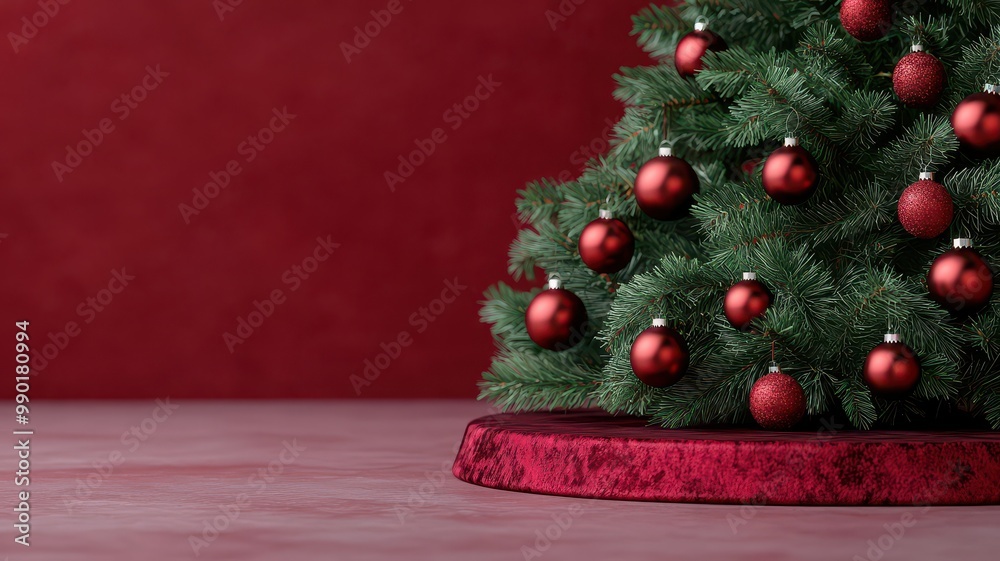 Decorative Christmas tree adorned with red ornaments and a festive base against a rich red background. Decorative Christmas tree adorned with red ornaments and a festive base against a rich red background.
