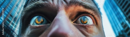 Collapsing financial skyscrapers reflected in the eyes of a businessman with a panicked expression, Black Monday fear, economic disaster visualized photo