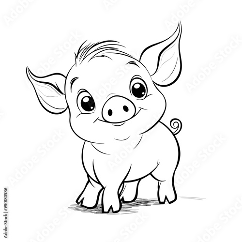 Cute Pig With coloring book pages picture,Pig line art,Pig outline drawing vector illustration
