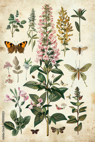 Vintage-style botanical illustration featuring medicinal plants, flowers, and insects