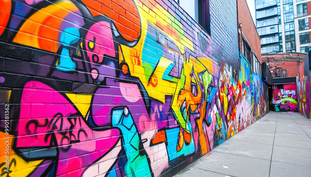Obraz premium A graffiti-covered urban wall, showcasing vibrant colors, bold lines, and an edgy, artistic vibe