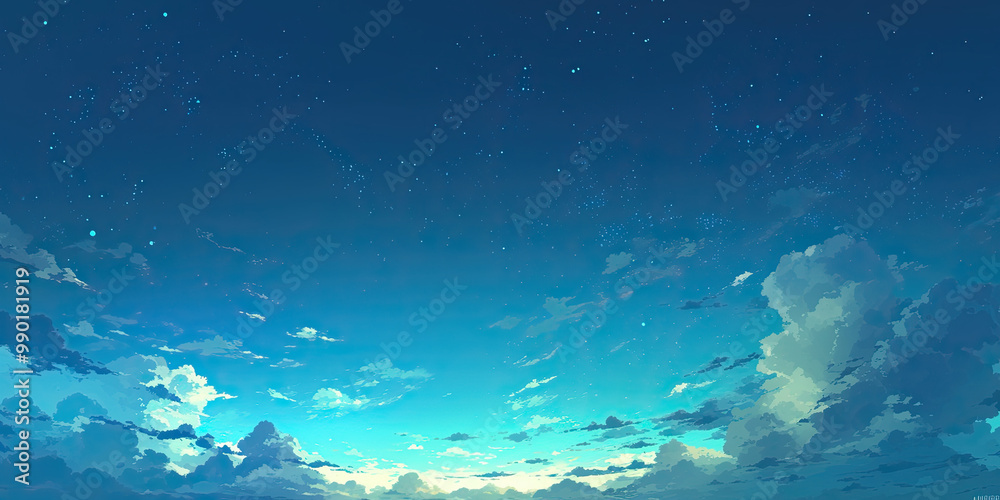 Blue hour anime sky background, stars cartoon style blue skies white clouds, cloudscape, night skyscape illustration wallpaper, generated ai Blue hour anime sky background, stars cartoon style blue skies white clouds, cloudscape, night skyscape illustration wallpaper, generated ai