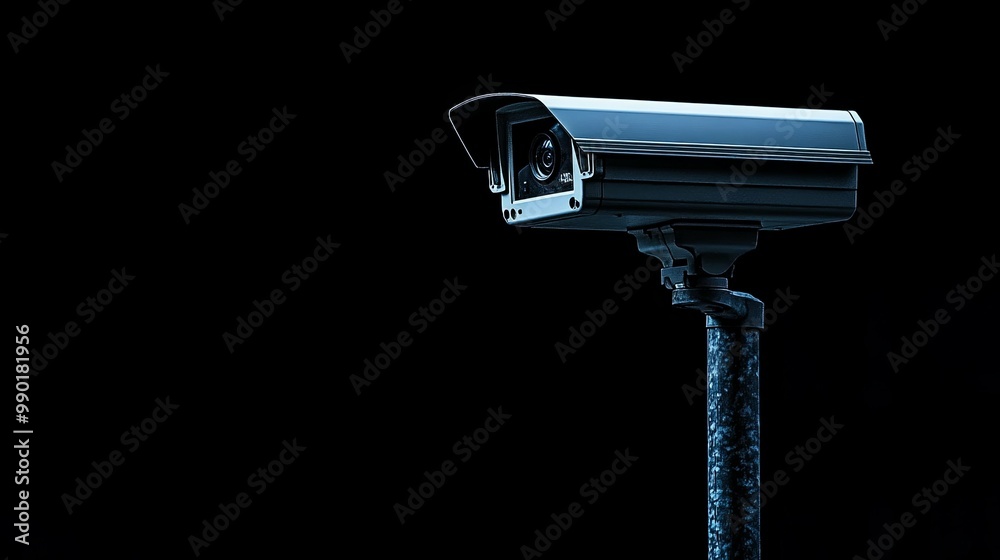 A Surveillance Camera on a Metal Pole Against a Black Background A Surveillance Camera on a Metal Pole Against a Black Background